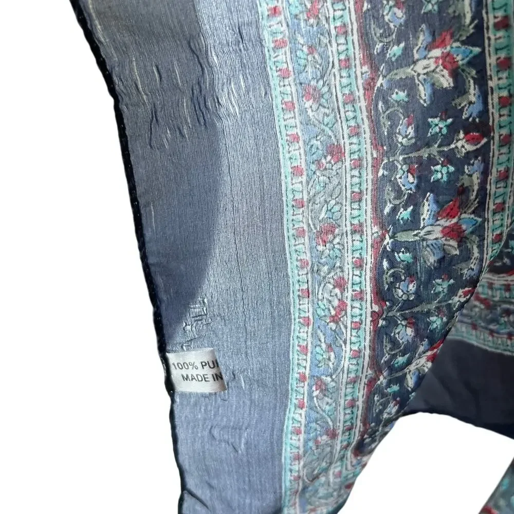 Vintage 100% Pure Silk Scarf Large Square 41x39 Paisley Floral Teal Blue Red